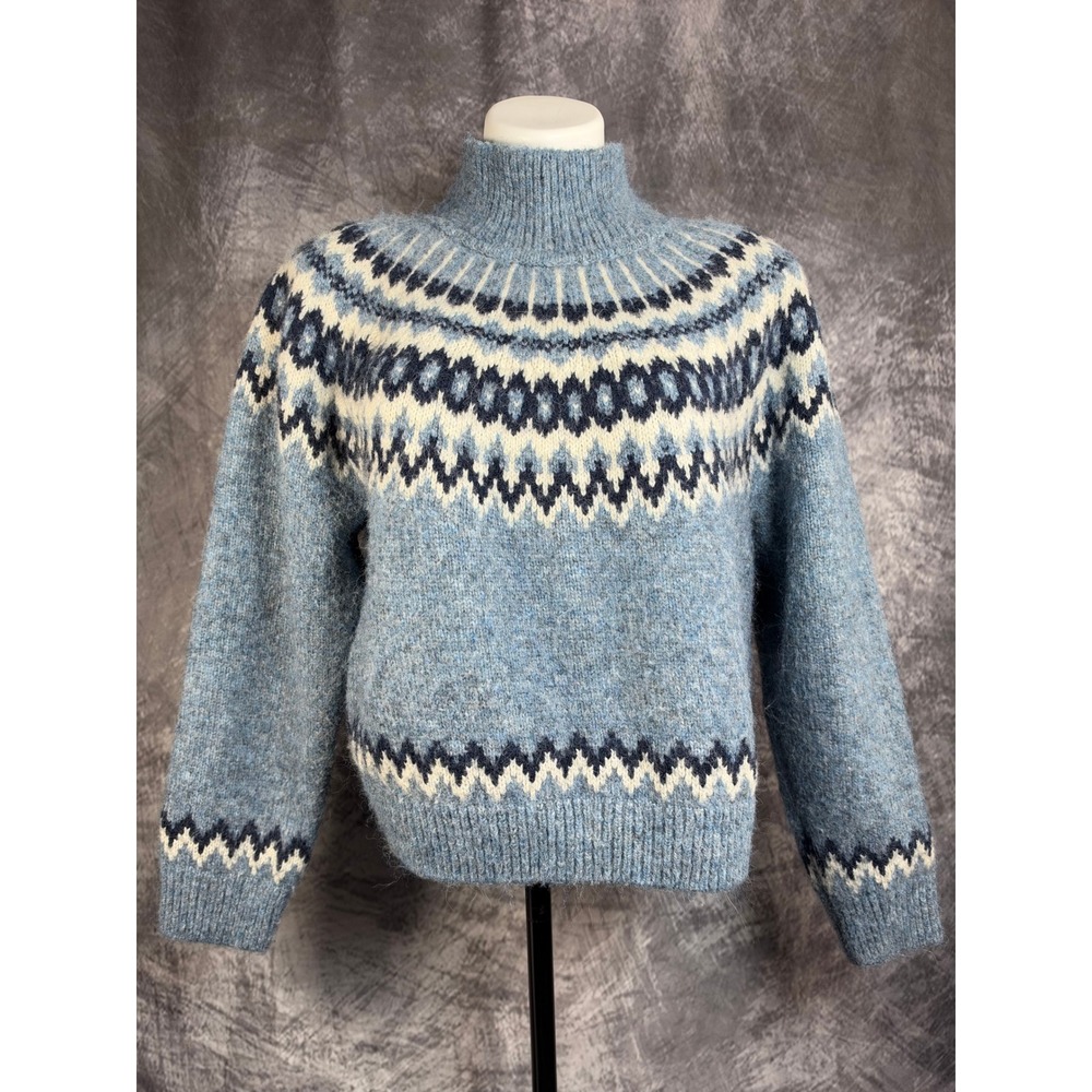Gap Sweater Women Medium Sky Blue Cloud Brush Fair Isle Mock Neck